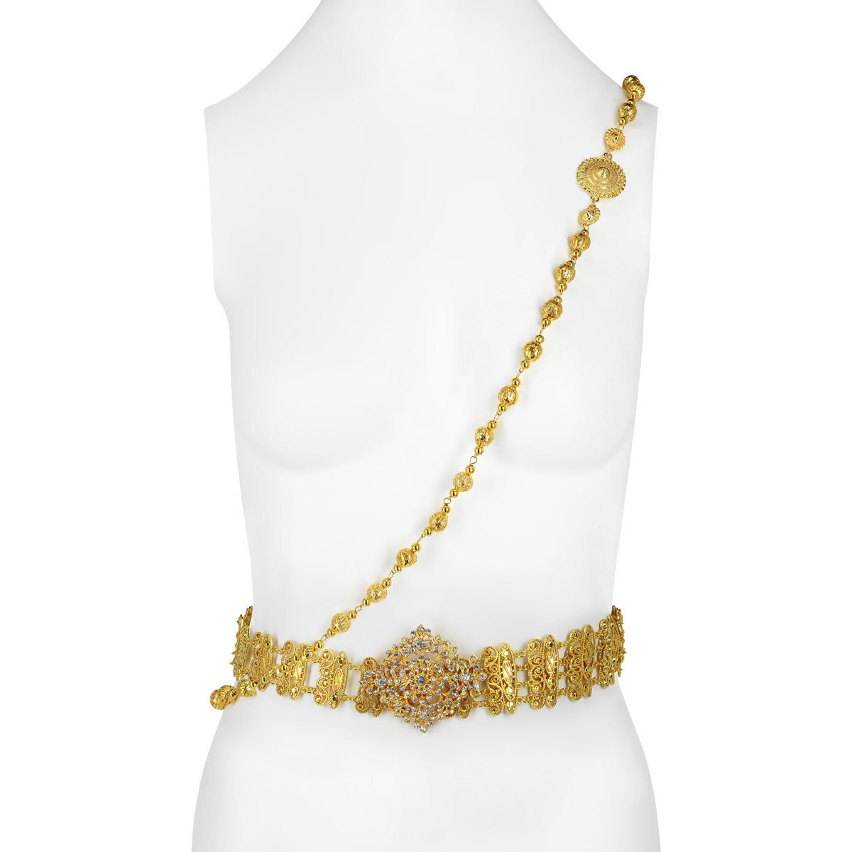 Our rhinestone gold belt and body chain jewelry set is extra glamourous. 