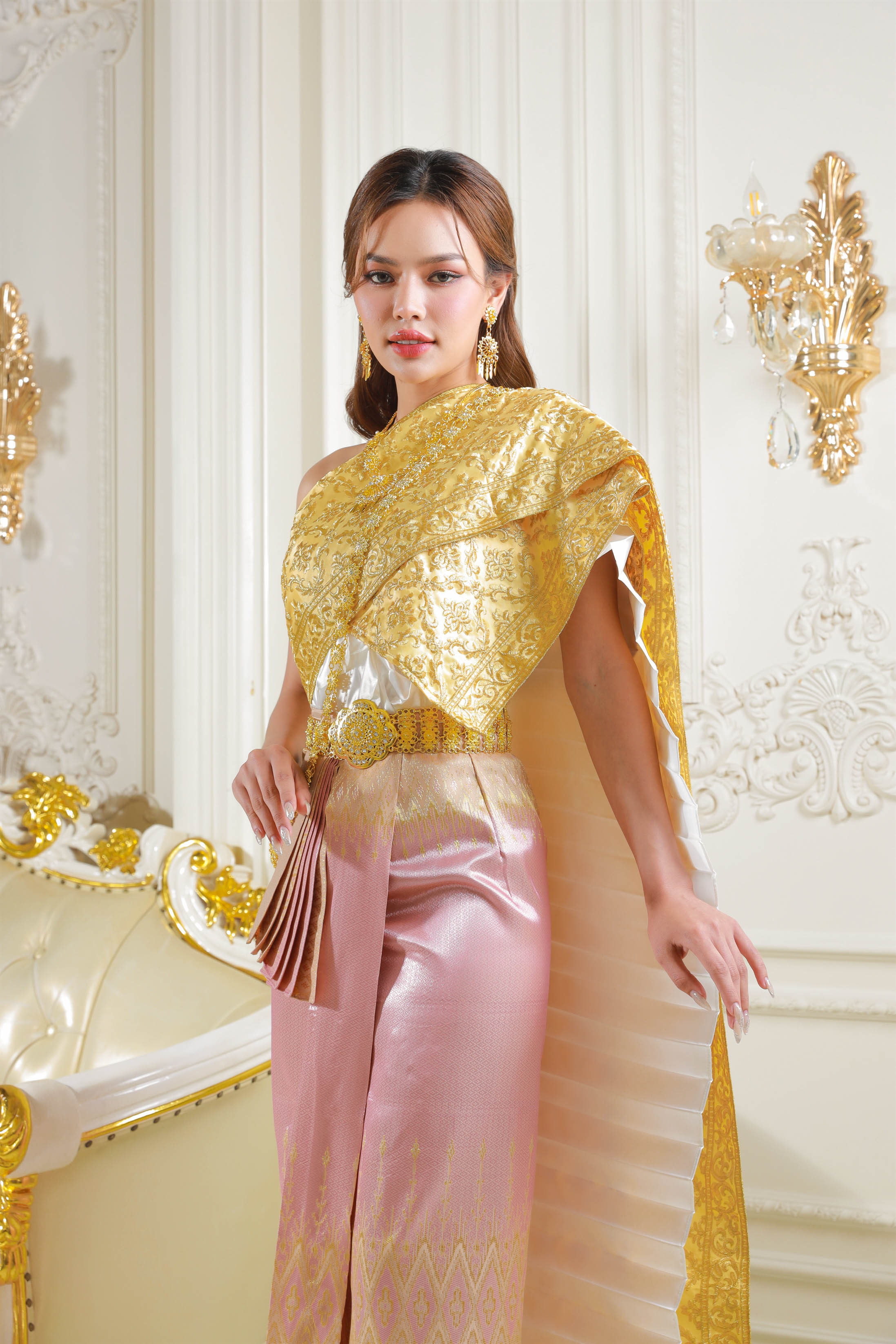 A stunning Thai silk dress, highlighting the luxurious fabric and elegant pattern