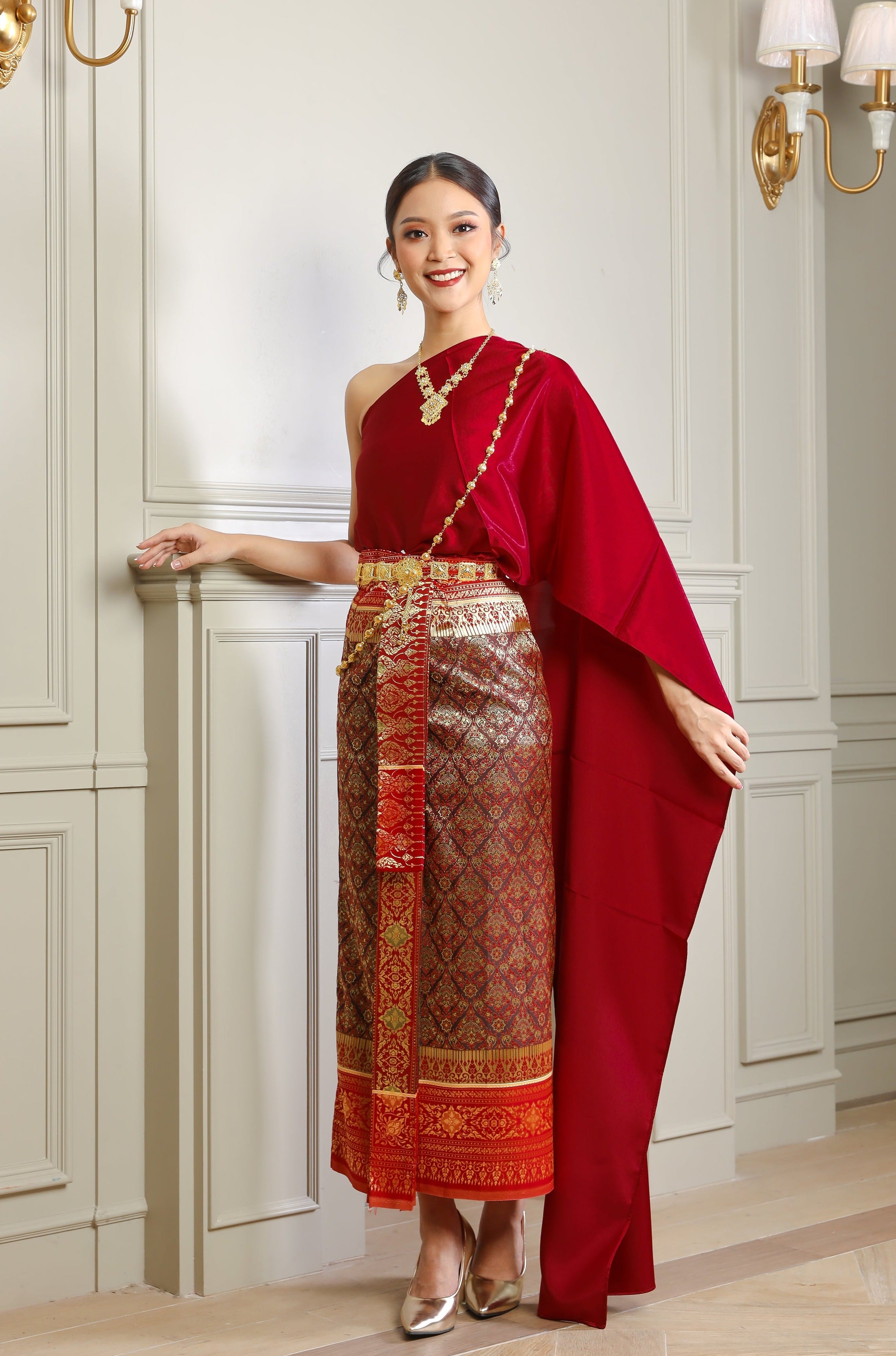 A bold red traditional Thai dress.