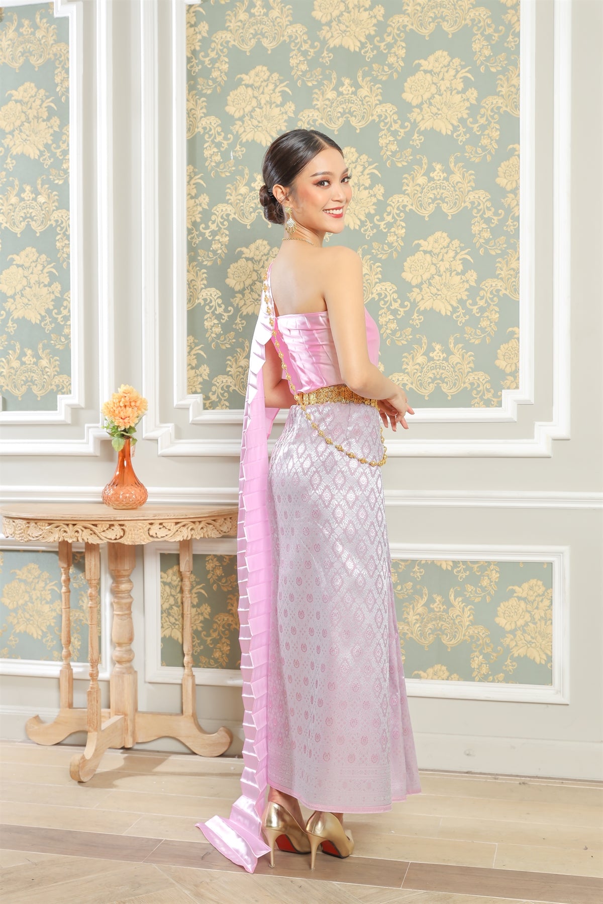 traditional pink dress Pink Color Zari Weaving Work Narayan Pet (Cotton) Dress