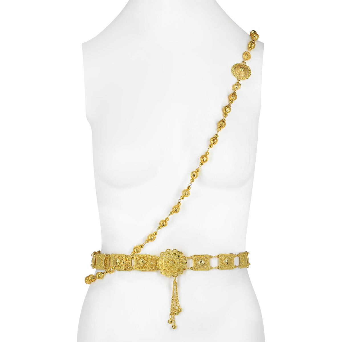 A classic gold belt and body chain jewelry set to pull together your ensemble.