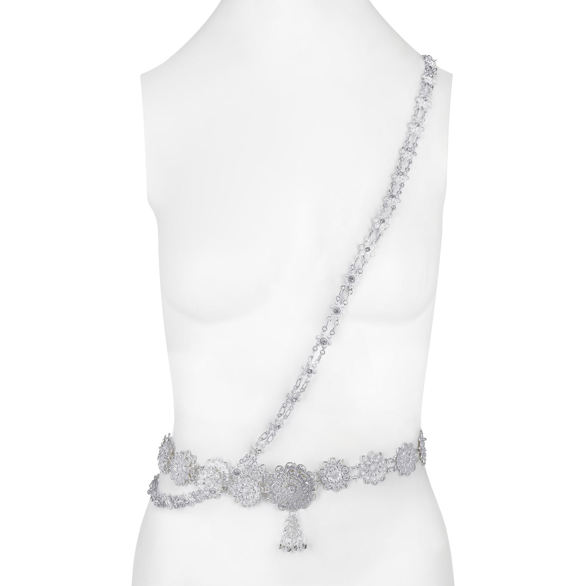 A silver Thai belt and body chain jewelry set.